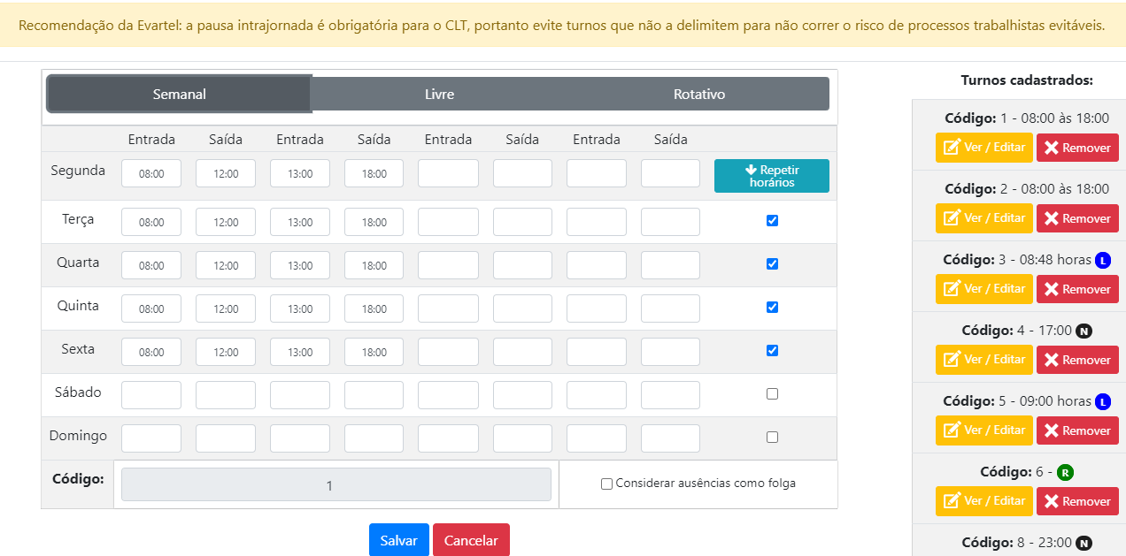 Turno fixo, livre, rotativo, 12x36